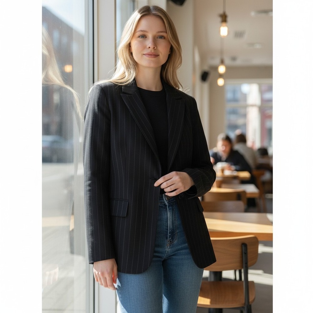 Jones New York Women Black Pinstripe Wool Blend 3-Button Blazer Jacket Size 6